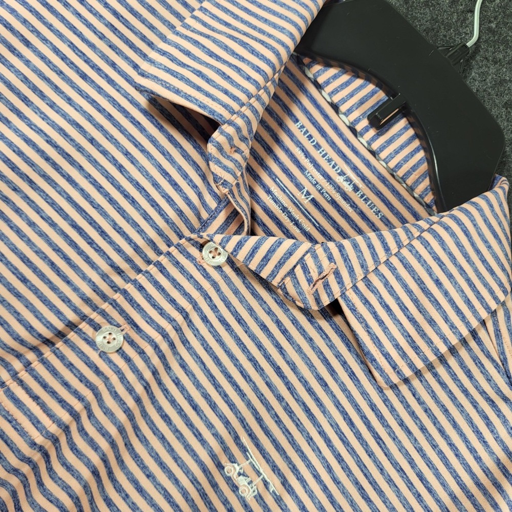 Bald Head Blues Mens Performance Polo Shirt Orange Blue Striped Golf Cart Size M